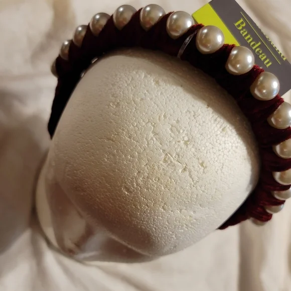 NWT OVERSIZED FAUX PEARL BURGUNDY VELVET HEADBAND HAIR HAT VEIL FASCINATOR - Picture 3 of 7